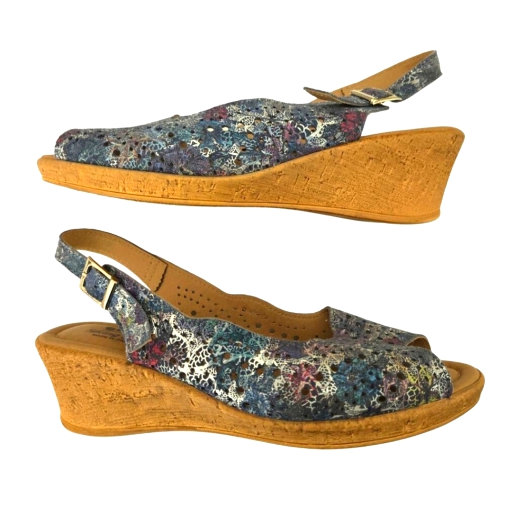 Spring Step Jaciosing Blue Multi Print Leather Wedge Sandal, EU 39, US 8.5-9
